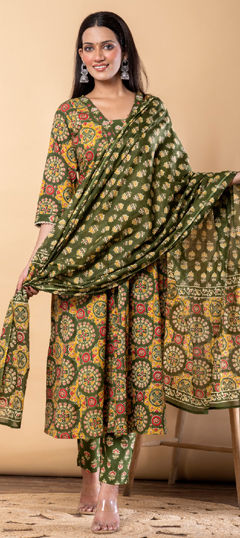 Green color Salwar Kameez in Cotton fabric with Printed, Sequence, Zari work