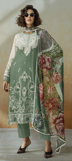 Green, White and Off White color Salwar Kameez in Muslin fabric with Embroidered, Patch, Resham, Thread work