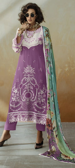 Pink and Majenta, White and Off White color Salwar Kameez in Muslin fabric with Embroidered, Patch, Resham, Thread work