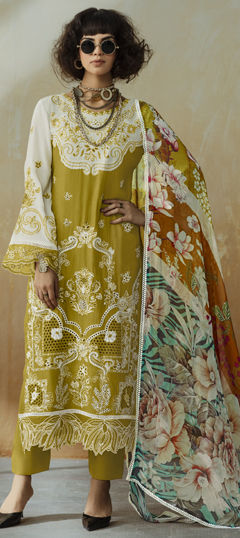Gold, White and Off White color Salwar Kameez in Muslin fabric with Embroidered, Patch, Resham, Thread work