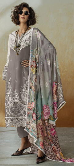 Black and Grey, White and Off White color Salwar Kameez in Muslin fabric with Embroidered, Thread work