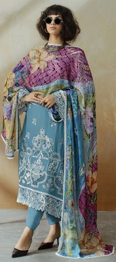 Blue color Salwar Kameez in Muslin fabric with Embroidered, Patch, Resham, Thread work