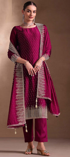 Pink and Majenta color Salwar Kameez in Georgette fabric with Embroidered, Swarovski, Thread work