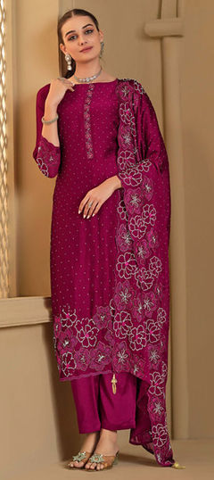 Pink and Majenta color Salwar Kameez in Georgette fabric with Embroidered, Stone, Swarovski, Thread work