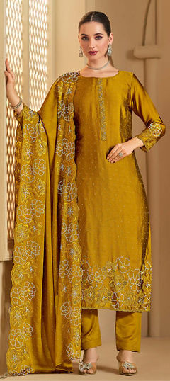 Gold color Salwar Kameez in Georgette fabric with Embroidered, Stone, Swarovski, Thread work