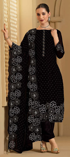 Black and Grey color Salwar Kameez in Georgette fabric with Embroidered, Stone, Swarovski, Thread work
