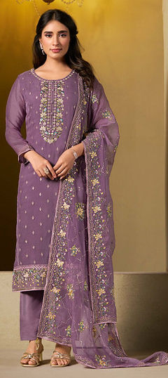 Purple and Violet color Salwar Kameez in Chiffon fabric with Embroidered, Swarovski, Thread work