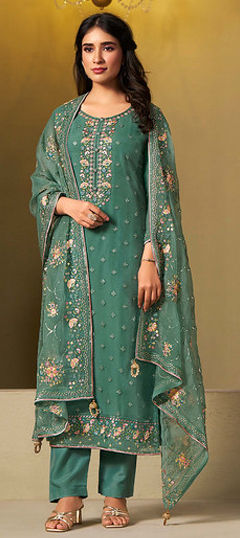 Blue color Salwar Kameez in Chiffon fabric with Embroidered, Swarovski, Thread work