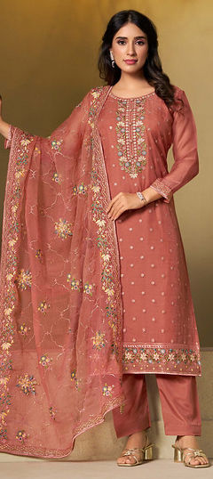 Beige and Brown color Salwar Kameez in Chiffon fabric with Embroidered, Swarovski, Thread work