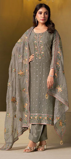 Black and Grey color Salwar Kameez in Chiffon fabric with Embroidered, Swarovski, Thread work