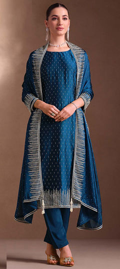 Blue color Salwar Kameez in Georgette fabric with Embroidered, Swarovski, Thread work