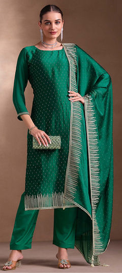 Green color Salwar Kameez in Georgette fabric with Embroidered, Swarovski, Thread work
