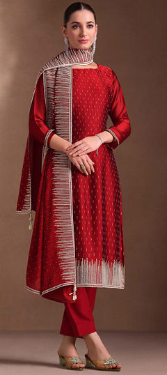 Red and Maroon color Salwar Kameez in Georgette fabric with Embroidered, Swarovski, Thread work