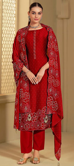 Red and Maroon color Salwar Kameez in Georgette fabric with Embroidered, Stone, Swarovski, Thread work
