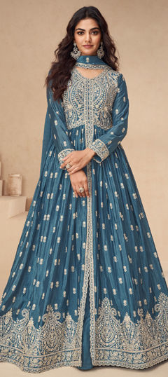 Blue color Salwar Kameez in Chinon Silk fabric with Embroidered, Sequence, Thread work