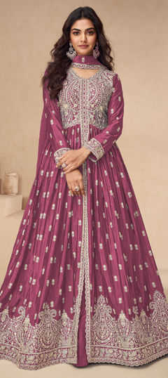Pink and Majenta color Salwar Kameez in Chinon Silk fabric with Embroidered, Sequence, Thread work