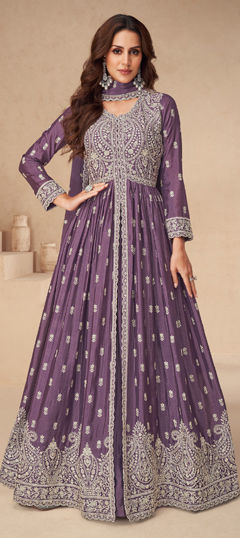 Purple and Violet color Salwar Kameez in Chinon Silk fabric with Embroidered, Sequence, Thread work