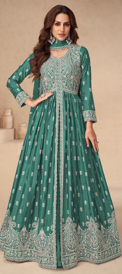 Green color Salwar Kameez in Chinon Silk fabric with Embroidered, Sequence, Thread work