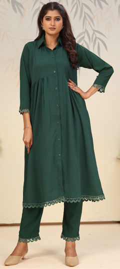 Green color Salwar Kameez in Cotton fabric with Thread work