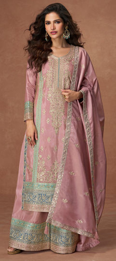 Pink and Majenta color Salwar Kameez in Silk fabric with Embroidered, Sequence, Thread work