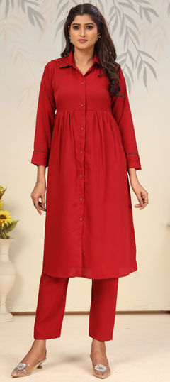 Red and Maroon color Salwar Kameez in Cotton fabric with Thread work