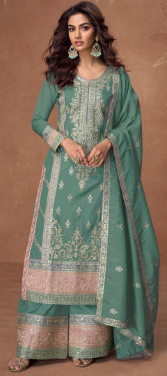 Green color Salwar Kameez in Silk fabric with Embroidered, Sequence, Thread work