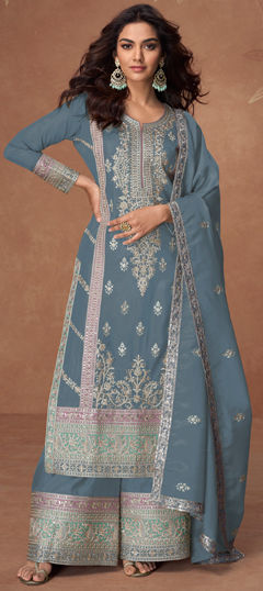 Black and Grey color Salwar Kameez in Silk fabric with Embroidered, Sequence, Thread work
