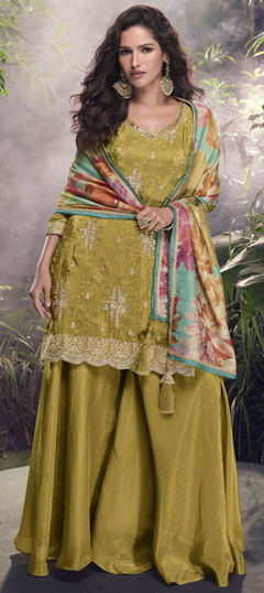 Green color Salwar Kameez in Chinon Silk, Shimmer fabric with Embroidered, Sequence, Thread work