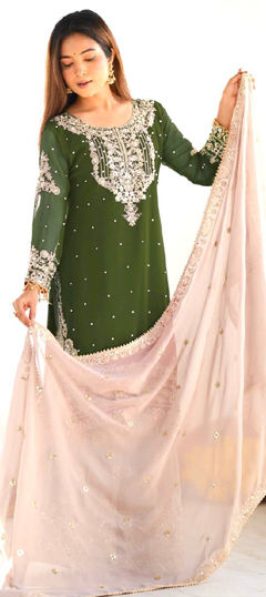 Green color Salwar Kameez in Faux Georgette fabric with Embroidered, Moti, Sequence, Thread work