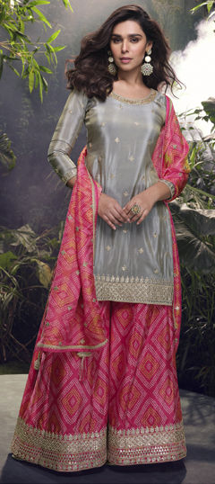 Black and Grey, Pink and Majenta color Salwar Kameez in Chinon Silk, Shimmer fabric with Bandhej, Embroidered, Printed, Sequence, Thread work
