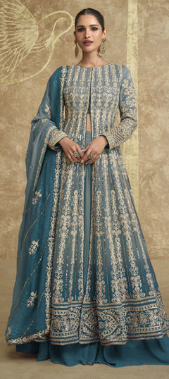 Blue color Long Lehenga Choli in Georgette fabric with Embroidered, Sequence, Zari work