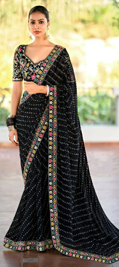 Black and Grey color Saree in Georgette fabric with Bandhej, Printed, Sequence work