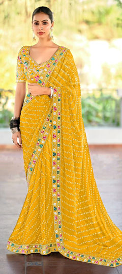 Yellow color Saree in Georgette fabric with Bandhej, Printed, Sequence work