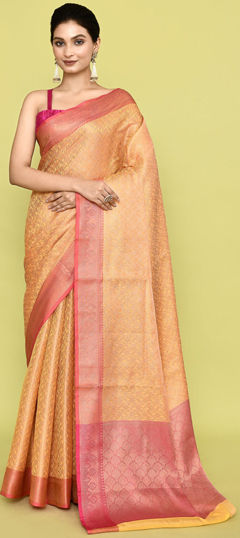 Pink and Majenta, Yellow color Saree in Banarasi Silk, Silk fabric with Weaving, Zari work