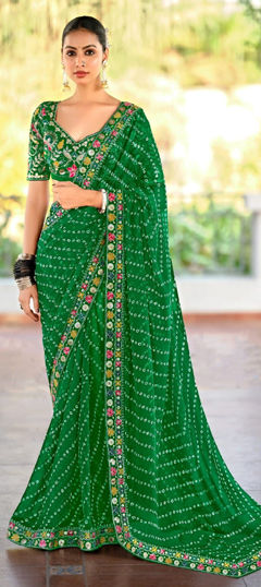 Green color Saree in Georgette fabric with Bandhej, Printed, Sequence work
