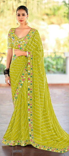 Green color Saree in Georgette fabric with Bandhej, Printed, Sequence work