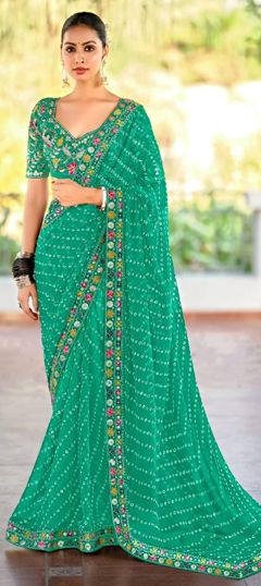 Green color Saree in Georgette fabric with Bandhej, Printed, Sequence work
