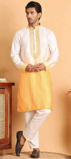 White and Off White, Yellow color Kurta Pyjamas in Silk cotton fabric with Embroidered, Ombre, Printed work