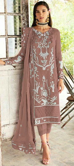 Beige and Brown color Salwar Kameez in Faux Georgette fabric with Embroidered, Sequence, Thread work
