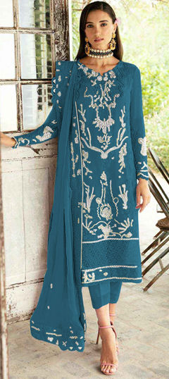 Blue color Salwar Kameez in Faux Georgette fabric with Embroidered, Sequence, Thread work