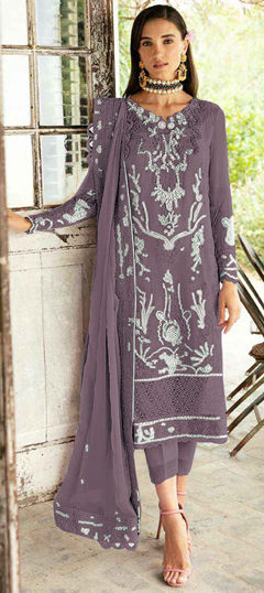 Purple and Violet color Salwar Kameez in Faux Georgette fabric with Embroidered, Sequence, Thread work