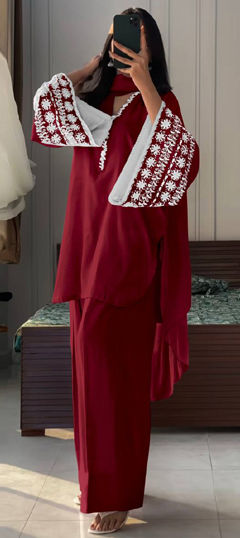 Red and Maroon color Salwar Kameez in Satin Silk fabric with Embroidered, Resham, Thread work
