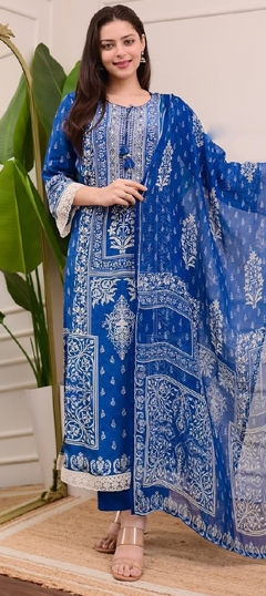 Blue color Salwar Kameez in Cotton fabric with Digital Print, Mirror work