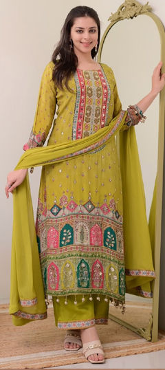 Green color Salwar Kameez in Cotton fabric with Digital Print, Mirror work