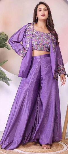 Purple and Violet color Salwar Kameez in Chinon Silk fabric with Embroidered, Thread work