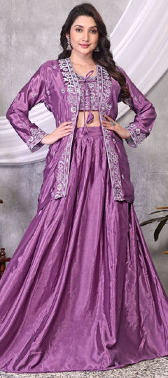 Purple and Violet color Ready to Wear Lehenga in Chinon Silk fabric with Embroidered, Sequence, Thread work
