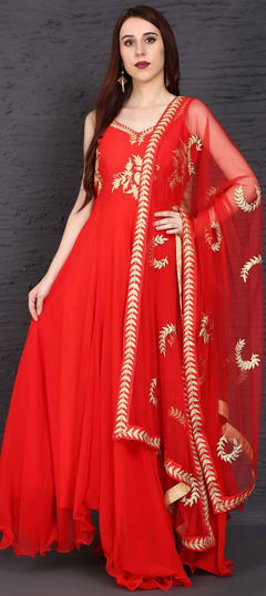 Red and Maroon color Salwar Kameez in Net fabric with Embroidered, Stone, Zari work