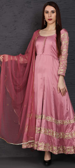 Pink and Majenta color Salwar Kameez in Taffeta Silk fabric with Embroidered, Stone, Zari work