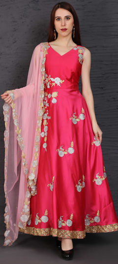 Pink and Majenta color Salwar Kameez in Taffeta Silk fabric with Embroidered, Stone, Zari work