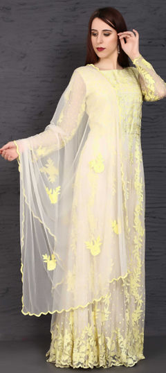 White and Off White color Salwar Kameez in Net fabric with Aari, Printed, Thread work